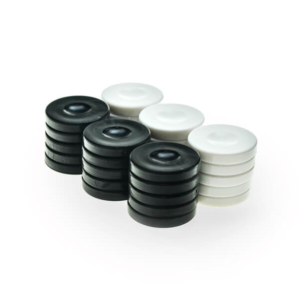 Se Backgammonbrikker Plastik Sort/Hvid 36 mm hos Pokershop