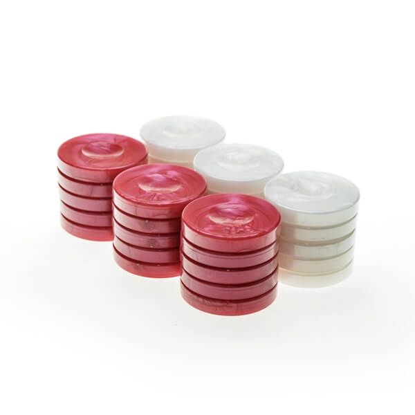 Billede af Backgammonbrikker Plastik (Perlemorslook) Rød/Hvid 36 mm